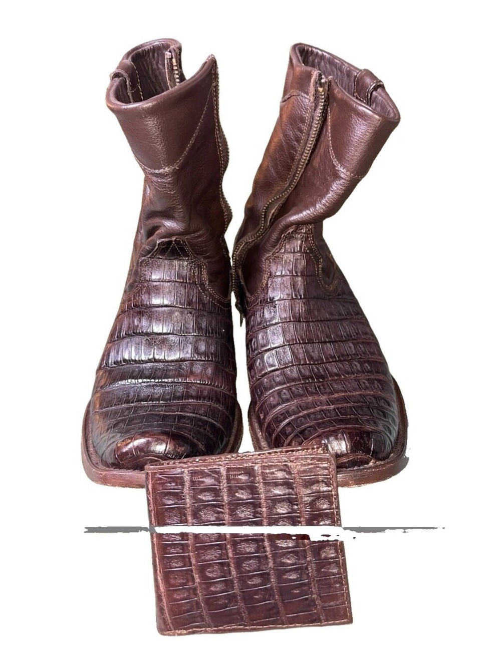 Men’s Deep Brown Midcalf Alligator Zip Up Cowboy Boots & Wallet Size 30.5 (12.5)